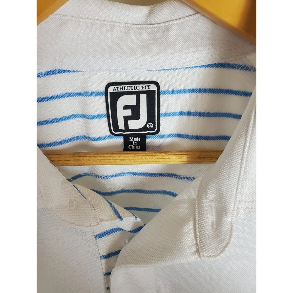 FootJoy Golf Polo Shirt Men's 2XL White Blue Striped Athletic Fit Performance